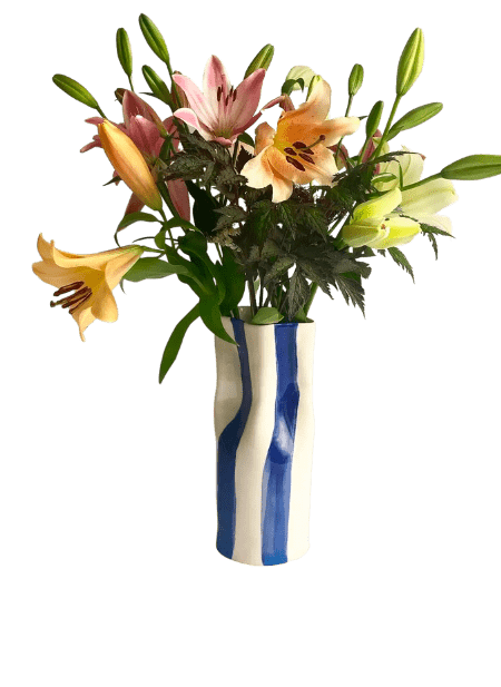 Ceramic Pinched Vase with Stripes - Blue